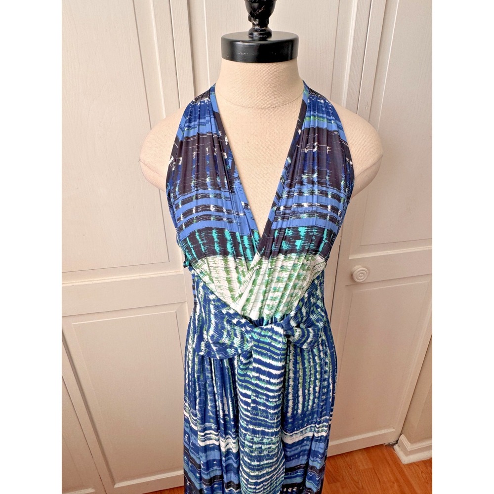 Ramy Brook Blue Green Watercolor Halter Midi Wrap Tie‎ Waist Dress Medium - Picture 5 of 12